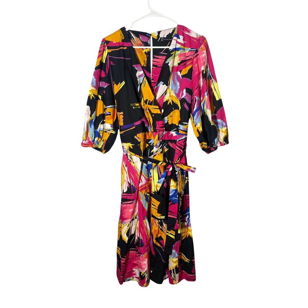 New York & Company 3/4 sleeve wrap dress colorful abstract print Sz L Boho